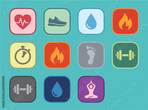 Fitness icons on colorful background.