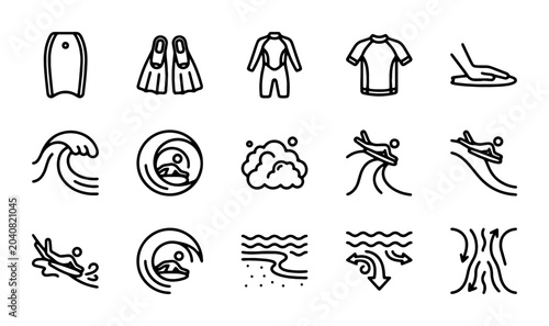 Foto Surfing and Water Sports Icons, Vector Set: Waves, Boards, Gear, and Activities