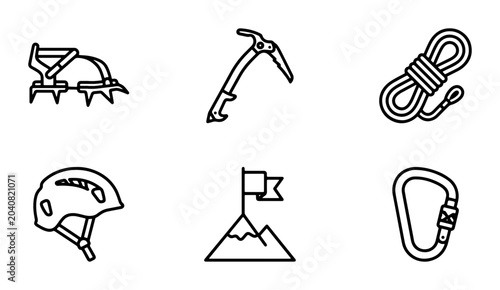 Foto Climbing Gear Icons, Mountain Adventure Symbols, Outdoor Sports Equipment, Vecto