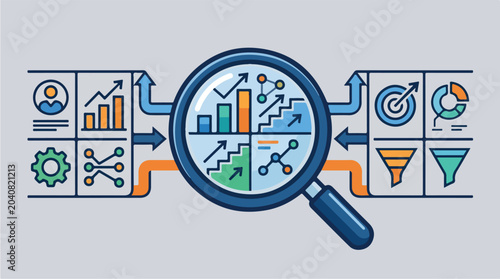 Magnifying glass over business charts.