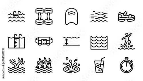 Schilderij op canvas Swimming Pool Icons Set, Water Sports Equipment, Fitness Training Graphics, Aqua