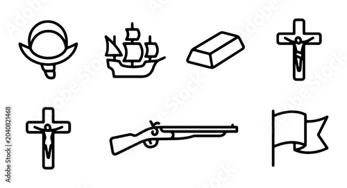 Bild auf Leinwand Historical Icons: Ship, Gold Bar, Cross, Musket, Flag, Crescent Moon Symbols