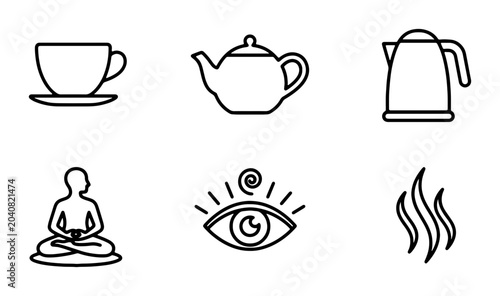 Fotografie Tea Time Icons: Cup, Kettle, Teapot, Meditation, Third Eye, Fire Elements