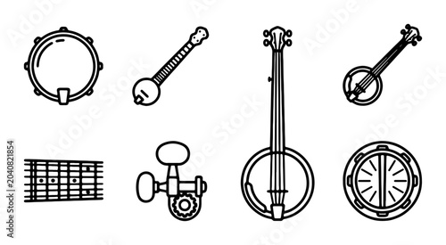 Fotografie Banjo Icon Set: Musical Instruments, Stringed Instruments, Folk Music Elements,