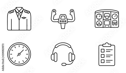 Quadro su tela Pilot Uniform, Yoke, Dashboard Icons: Aviation Set, Vector Graphics for Flight