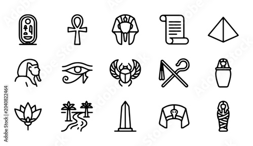 Bild auf Leinwand Ancient Egyptian Icons Set: Hieroglyphs, Ankh, Pharaoh, Pyramid, Scarab, Sarcoph