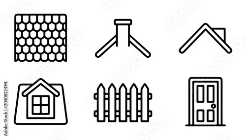Fotografía Roofing Shingles, Chimney, Gable Roof, Dormer Window, Fence, Door Icons: Buildin