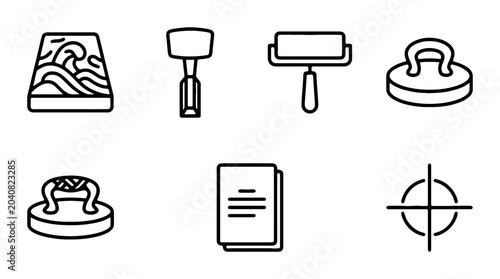 Foto Printmaking Tools Vector Icons: Engraving, Roller, Stamp, Press, Paper, Target