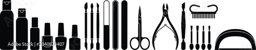 Photography Manicure tools silhouette vector set with nail polish bottles files scissors cli