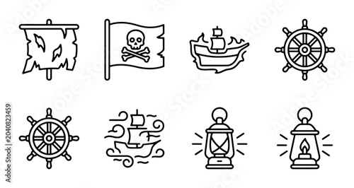 Foto Pirate Icons Set: Jolly Roger, Ship, Helm, Lanterns, Map, Nautical Vector Graphi
