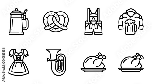 Konstfotografi Oktoberfest Icons: Beer Mugs, Pretzels, Lederhosen, Dirndl, Tuba, Roasted Chicke