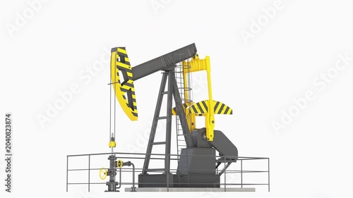 Animation of a rotating oil pump against a white background. Industrial oil equipment operating in a continuous cycle.