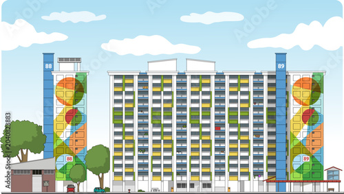 Stylized Singapore public flats feature colorful, overlapping geometric murals and green‑yellow balcony panels beneath a bright, clear sky.