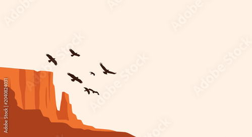 Birds Flying Over Red Canyon Mesas Minimalist Vector Illustration