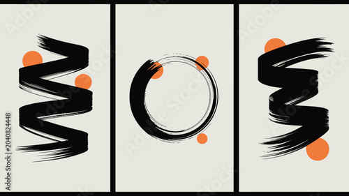 Schilderij op canvas abstract brush strokes on beige background orange dots circle triptych artwork m