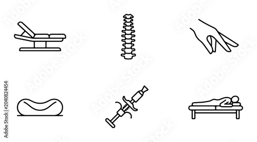 Bild auf Leinwand Chiropractic & Massage Icons: Spine, Bed, Hand, Pillow, Syringe, Patient Vector