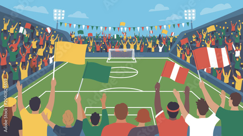 Fotografie football crowd waving flags vector illustration fans spectators sports event sta