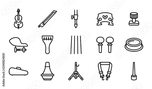 Tableau sur toile Vector Icons: Violin, Bow, Rosin, Case, Stand, Strings, Bridge, Tuning Pegs, Chi