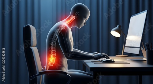 Person experiencing neck and back pain from computer use, suitable for health blogs, ergonomic websites, and medical brochures.