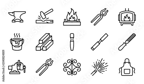 Foto Blacksmithing Icons Set: Forge, Anvil, Tools, Metalwork Craftsmanship Vector Gra