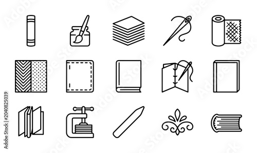 Foto Bookbinding Icons Set, Crafting Tools Vector Graphics, Handmade Book Creation El