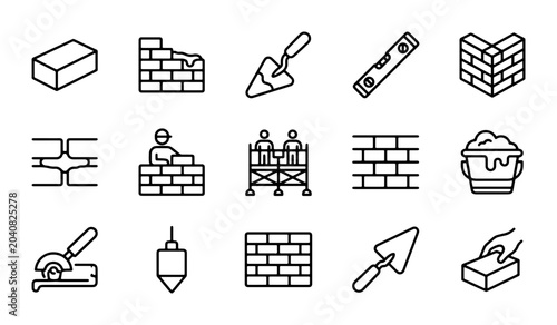 Foto Masonry Construction Icons: Bricklaying, Tools, Building Elements, Vector Set