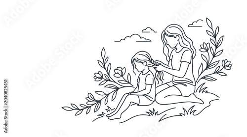 Slika na platnu Mother braiding daughter's hair outdoors surrounded by flowers and clouds, line