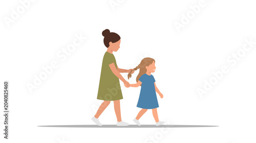 Obraz na plátně Mother braiding daughter's hair while walking, family bonding, childhood moments
