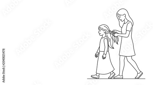 Bilde på lerret Mother braiding daughter's hair while walking, simple line art illustration