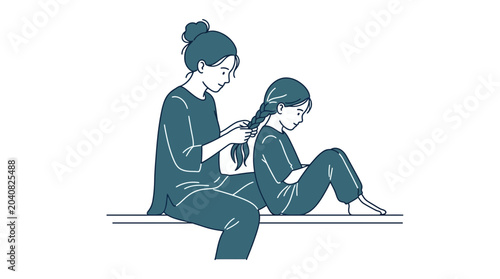 Картината върху платно Mother braiding daughter's hair, bonding, family moment, lifestyle illustration