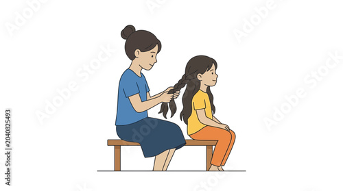 Foto Mother braiding daughter's hair, family bonding, everyday moment, childhood inno