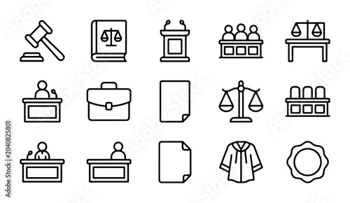 Photos Justice Icons Set: Gavel, Scales, Courtroom, Law Book, Judge, Lawyer, Legal Symb