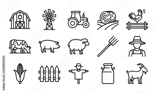 Konstfotografi Farm Icons Set: Barn, Tractor, Animals, Crops, Rural Life Vector Graphics