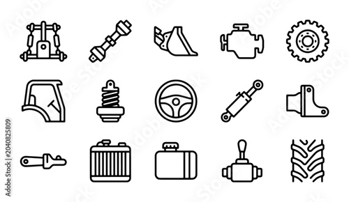 Quadro su tela Tractor Parts Icons: Agricultural Machinery Components, Vehicle Mechanics, Farmi