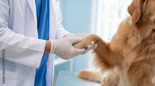 Quadro su tela Veterinarian Examines Golden Retriever Paw