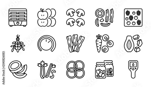 Tableau sur toile Food Dehydrator Icons Set, Fresh Produce & Kitchen Gadgets, Healthy Eating Vecto