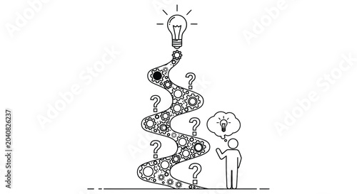 A christmas tree formed from a winding path of questions and ideas