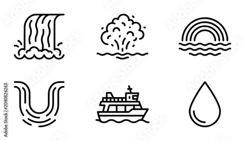 Tableau sur toile Water Icons Set: Waterfall, Fountain, Rainbow, River, Boat, Drop | Nature & Trav
