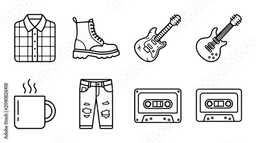 Grunge Style Icons: Flannel Shirt, Combat Boots, Electric Guitars, Ripped Jeans, Cassette Tapes, Coffee Mug