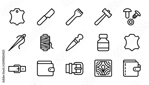 Foto Leather Crafting Icons Set, Hand Tools & Accessories Vector Graphics, DIY Leathe