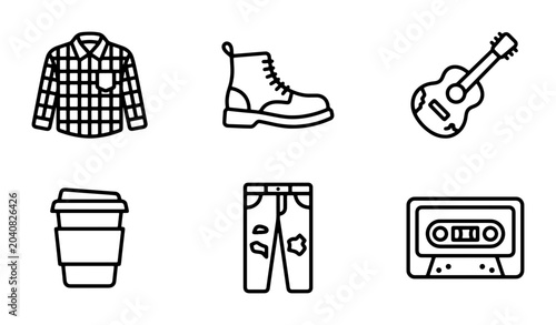 Grunge Style Icons: Flannel Shirt, Boots, Guitar, Coffee, Ripped Jeans, Cassette Tape