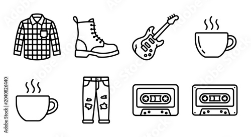 Grunge Style Icons: Flannel Shirt, Boots, Guitar, Coffee, Jeans, Cassettes