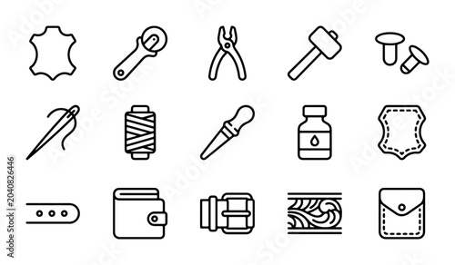 Photos Leather Crafting Icons, Tools & Materials Set, Vector Graphics for Handmade Good