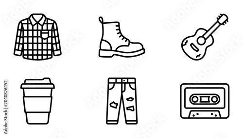 Grunge Style Icons: Plaid Shirt, Boots, Guitar, Coffee, Jeans, Cassette Tape