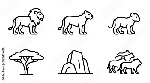 Canvas Print African Wildlife Icons: Lion Family, Savanna Tree, Rock Formation, Vector Set