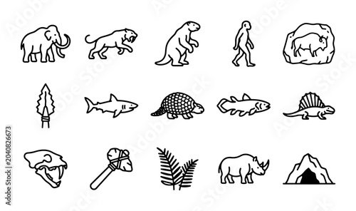 Fotografie Prehistoric Icons Set, Ancient Animals and Tools Vector Collection, Paleolithic