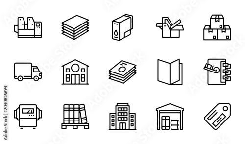 Foto Printing Press, Delivery Truck, Warehouse, Buildings, Packaging Icons: Business