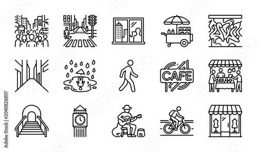 Photos Urban City Icons Set: Street Life, Buildings, People, and Transport Vector Graph
