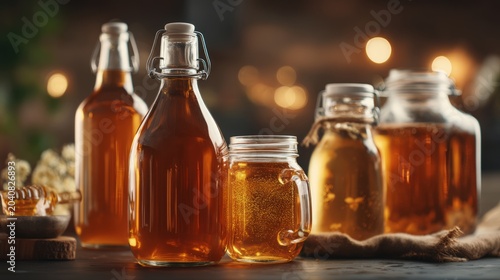 Artisanal Fermented Tea Kombucha Bottles and Jars on Table with Honey and Natural Background