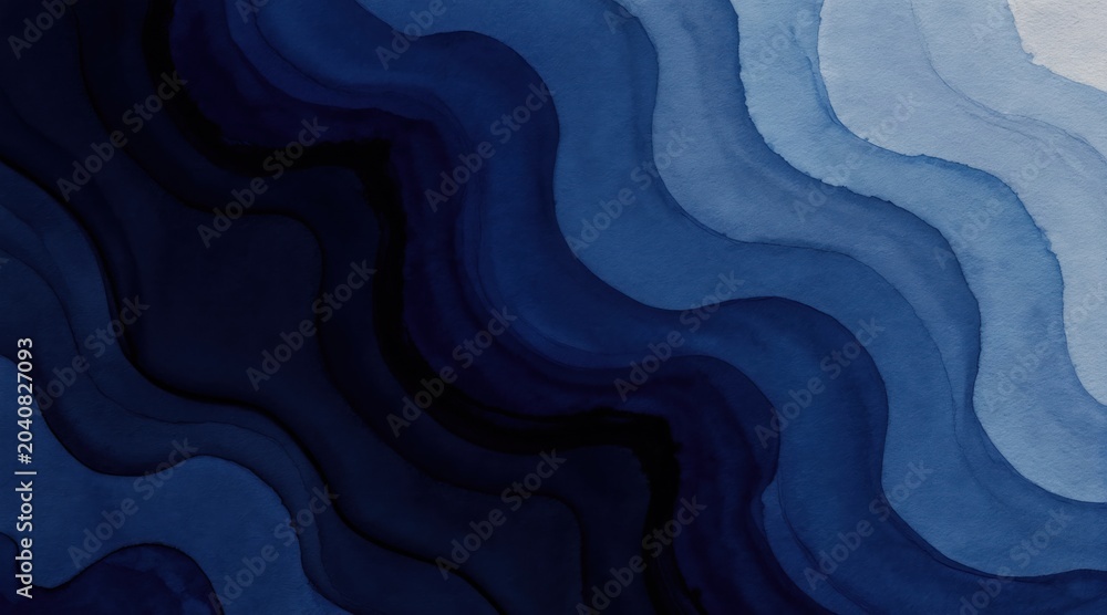 Obraz premium Dark blue and light blue wavy layers create abstract background. Smooth watercolor texture with soft curves suggests depth. Ideal for digital art, web design, or presentations.